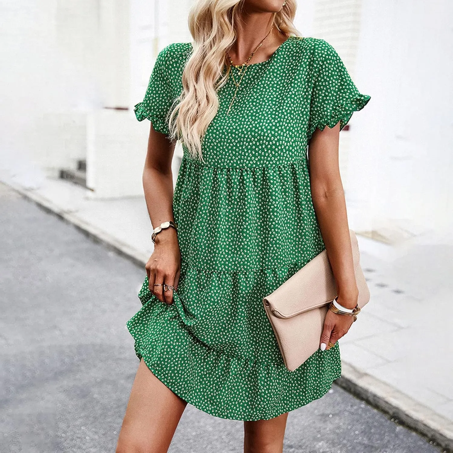 Flower Dresses for Women, Summer Casual Boho Dress Floral Ruffle Hem Puff Sleeve High Waist Midi Beach Dresses Comfy
