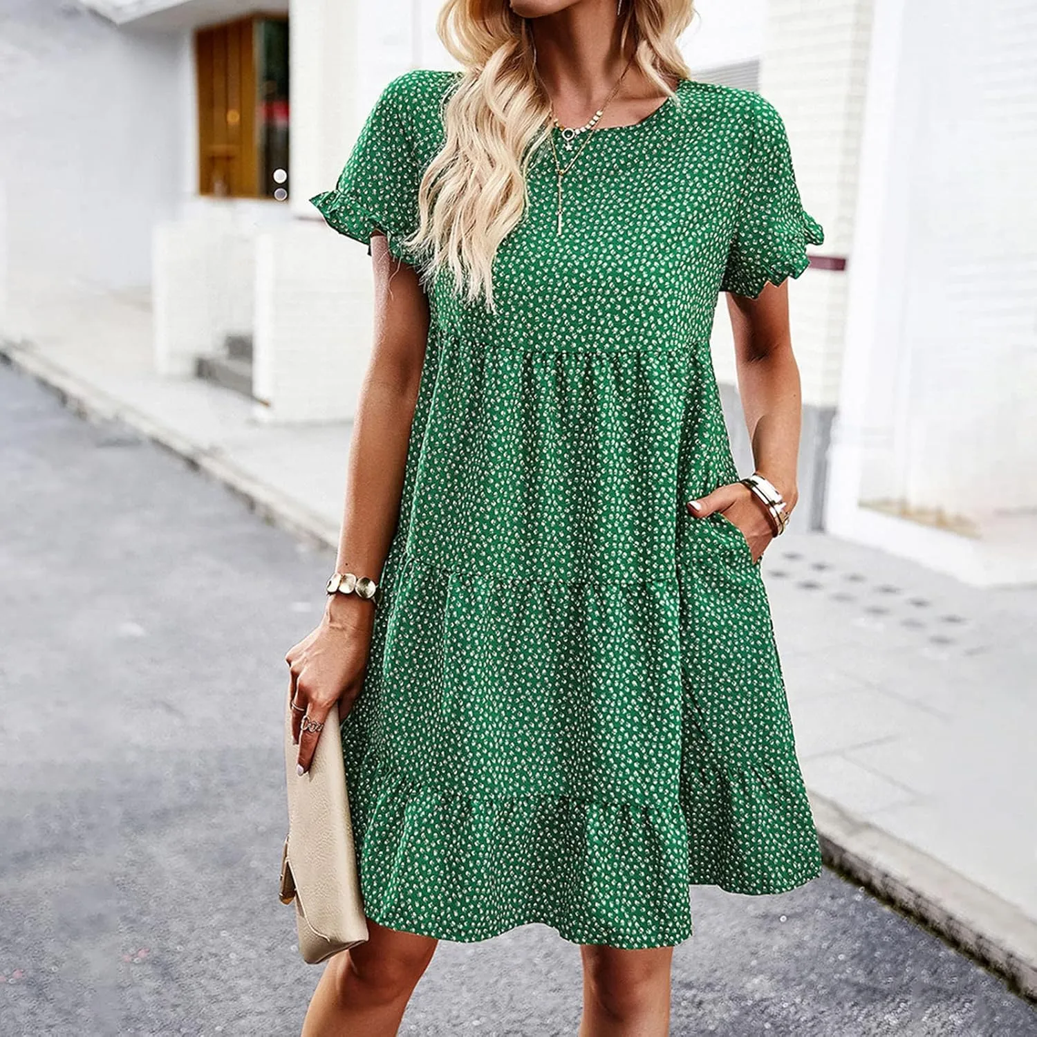 Flower Dresses for Women, Summer Casual Boho Dress Floral Ruffle Hem Puff Sleeve High Waist Midi Beach Dresses Comfy
