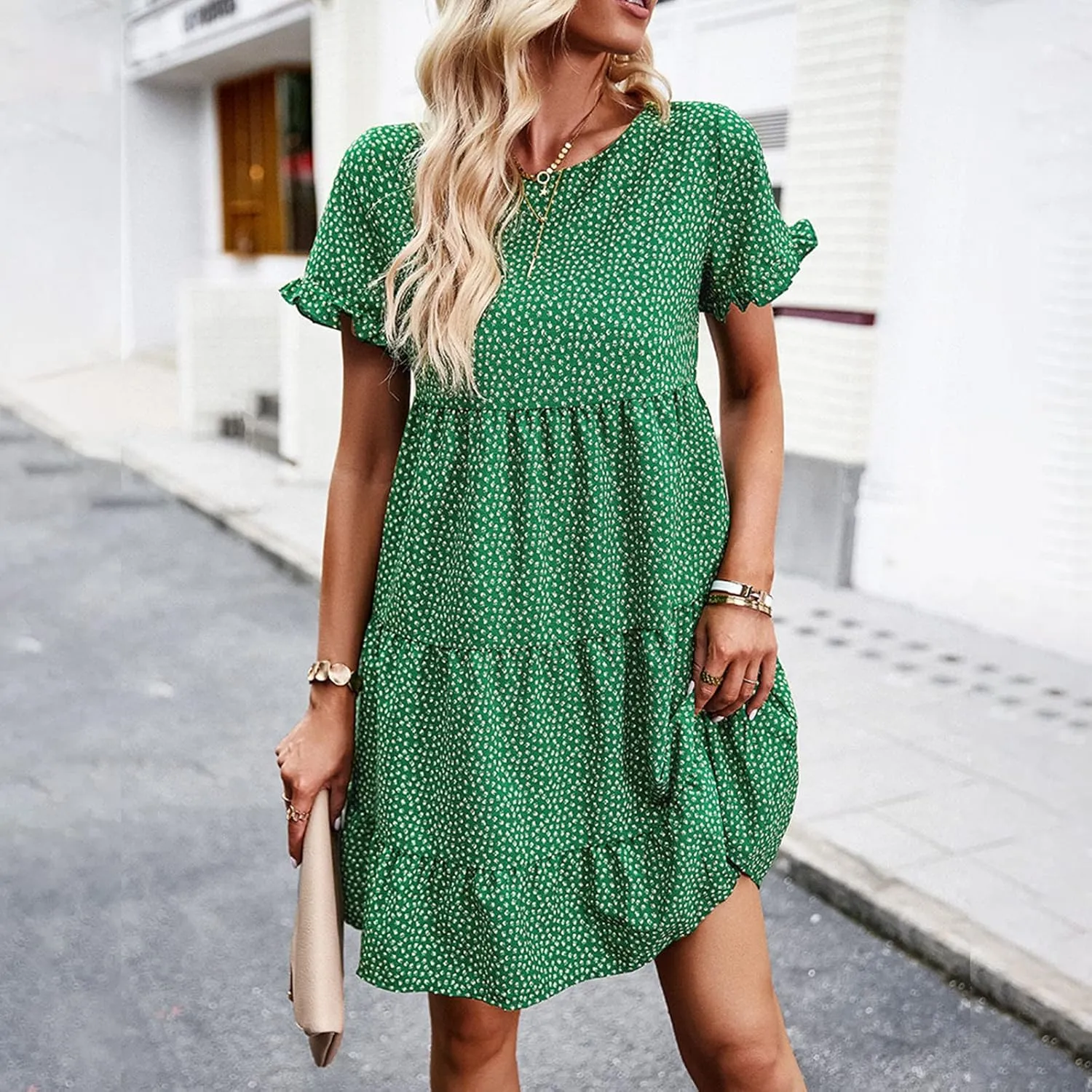 Flower Dresses for Women, Summer Casual Boho Dress Floral Ruffle Hem Puff Sleeve High Waist Midi Beach Dresses Comfy