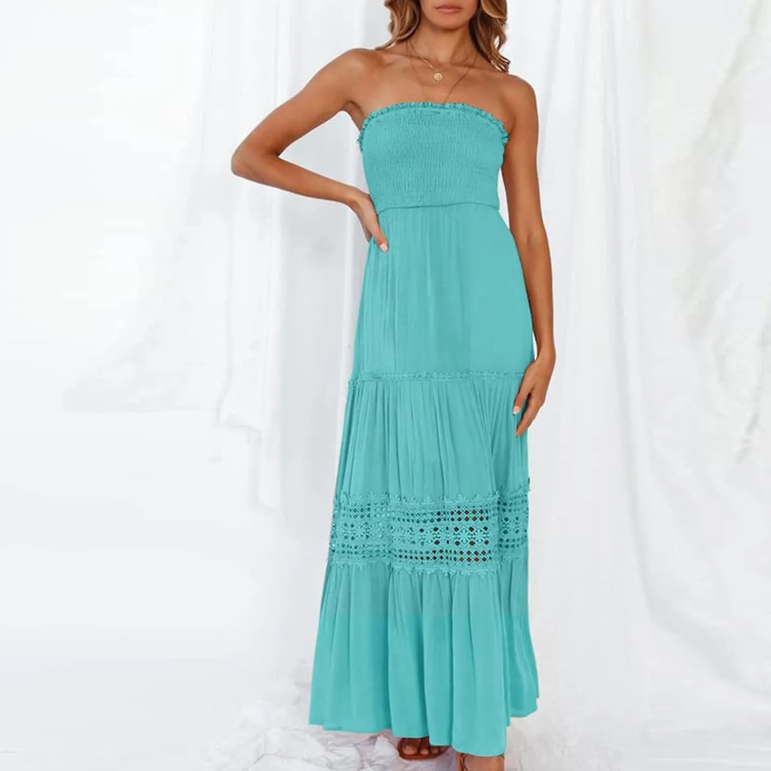 FZYLQY Womens Tube Top Maxi Dress Summer Boho Strapless Casual Flowy Beach Long Sundresses Hollow Ruffle Sexy Smocked Dresses
