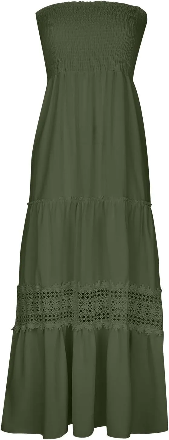 FZYLQY Womens Tube Top Maxi Dress Summer Boho Strapless Casual Flowy Beach Long Sundresses Hollow Ruffle Sexy Smocked Dresses