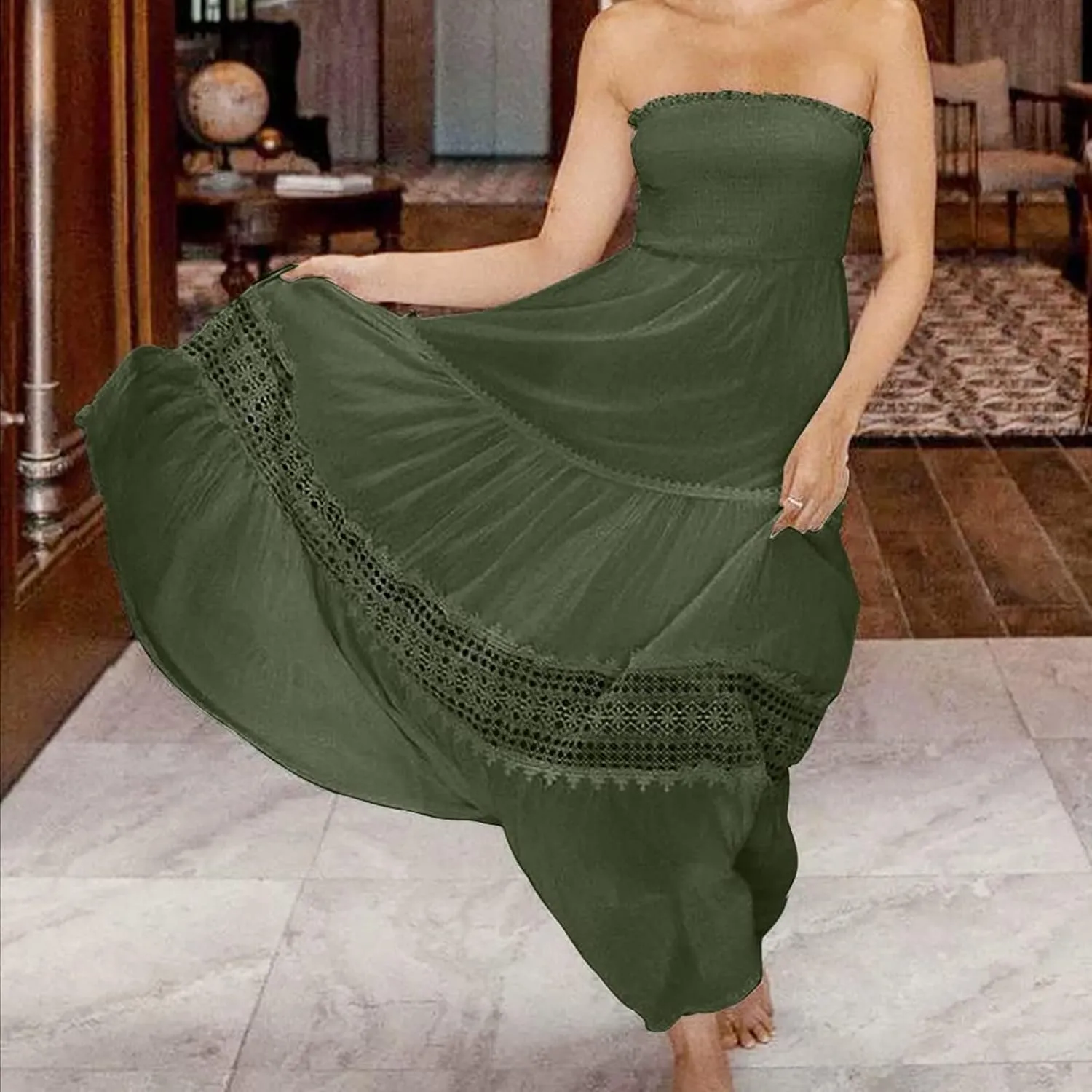 FZYLQY Womens Tube Top Maxi Dress Summer Boho Strapless Casual Flowy Beach Long Sundresses Hollow Ruffle Sexy Smocked Dresses