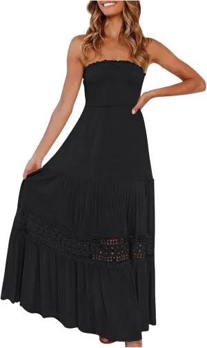FZYLQY Womens Tube Top Maxi Dress Summer Boho Strapless Casual Flowy Beach Long Sundresses Hollow Ruffle Sexy Smocked Dresses