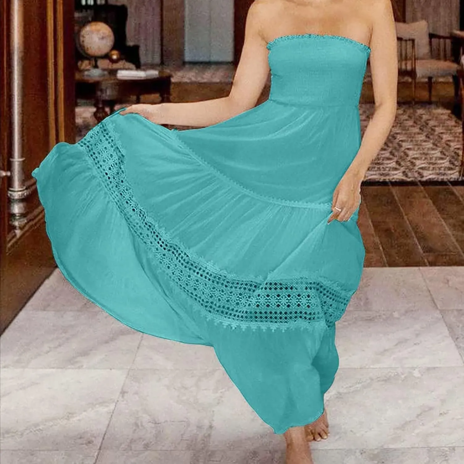 FZYLQY Womens Tube Top Maxi Dress Summer Boho Strapless Casual Flowy Beach Long Sundresses Hollow Ruffle Sexy Smocked Dresses