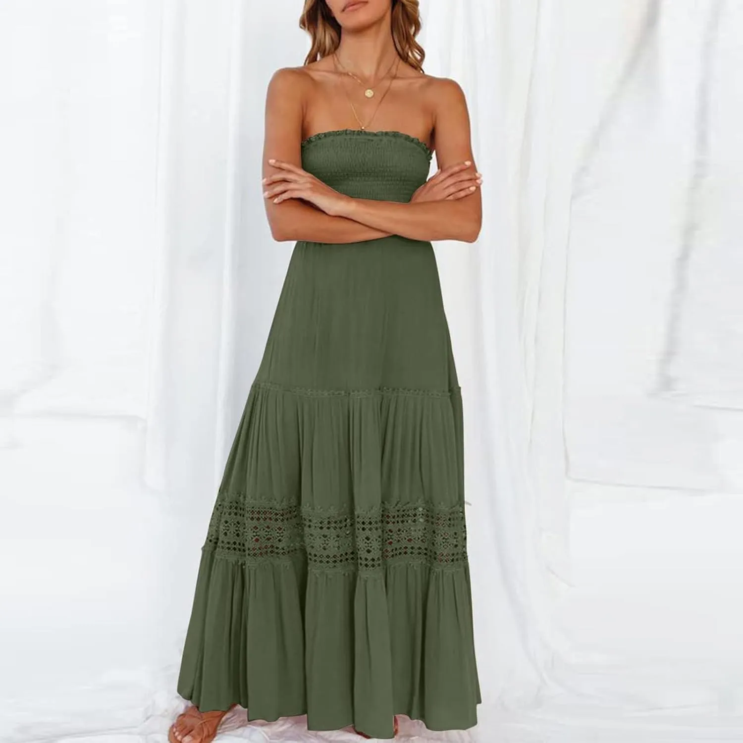 FZYLQY Womens Tube Top Maxi Dress Summer Boho Strapless Casual Flowy Beach Long Sundresses Hollow Ruffle Sexy Smocked Dresses