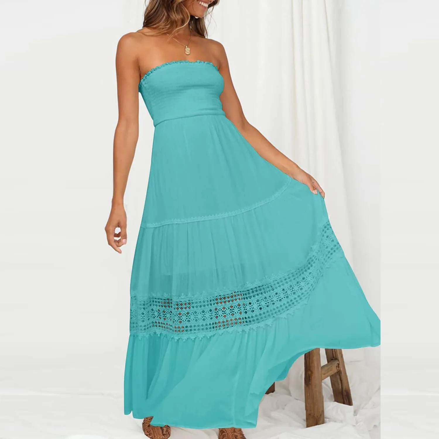 FZYLQY Womens Tube Top Maxi Dress Summer Boho Strapless Casual Flowy Beach Long Sundresses Hollow Ruffle Sexy Smocked Dresses