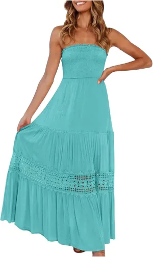 FZYLQY Womens Tube Top Maxi Dress Summer Boho Strapless Casual Flowy Beach Long Sundresses Hollow Ruffle Sexy Smocked Dresses