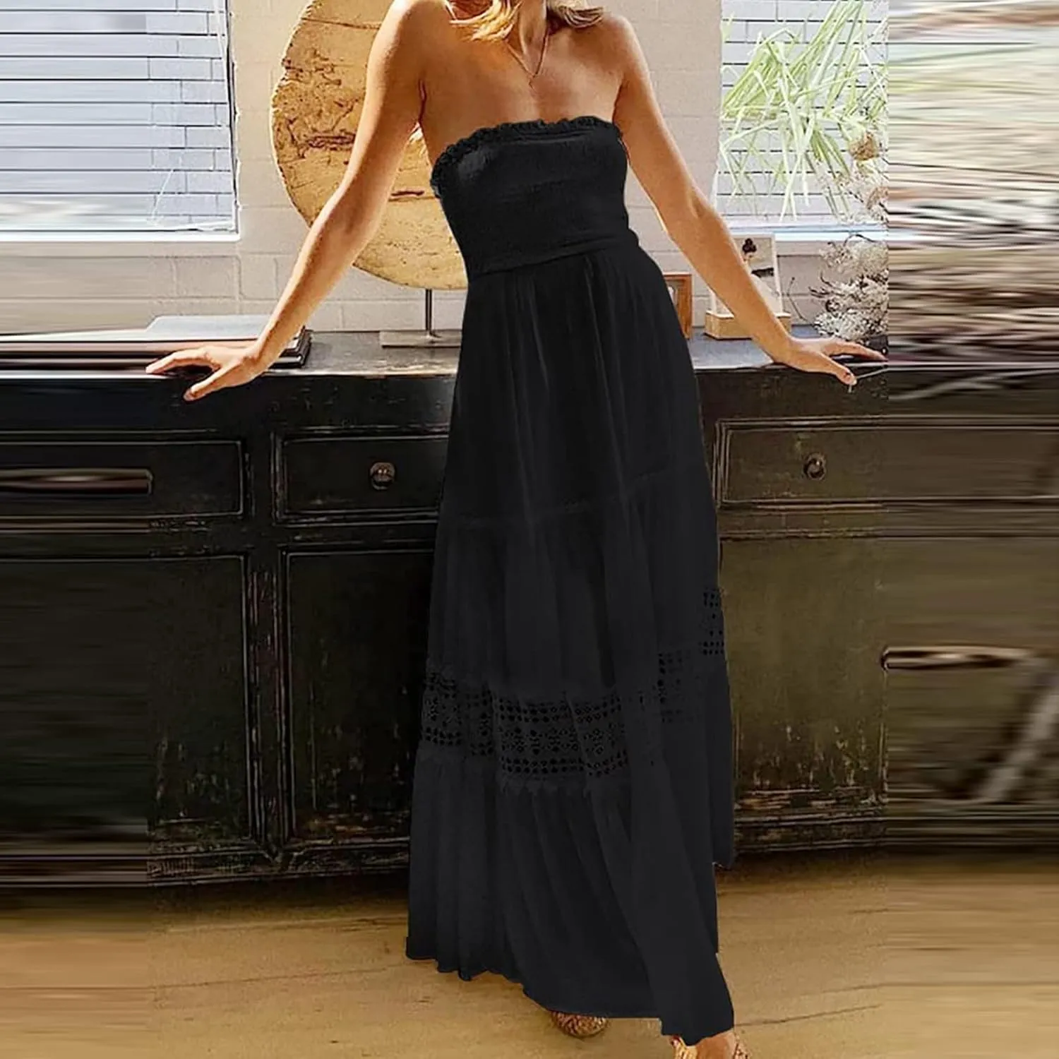 FZYLQY Womens Tube Top Maxi Dress Summer Boho Strapless Casual Flowy Beach Long Sundresses Hollow Ruffle Sexy Smocked Dresses