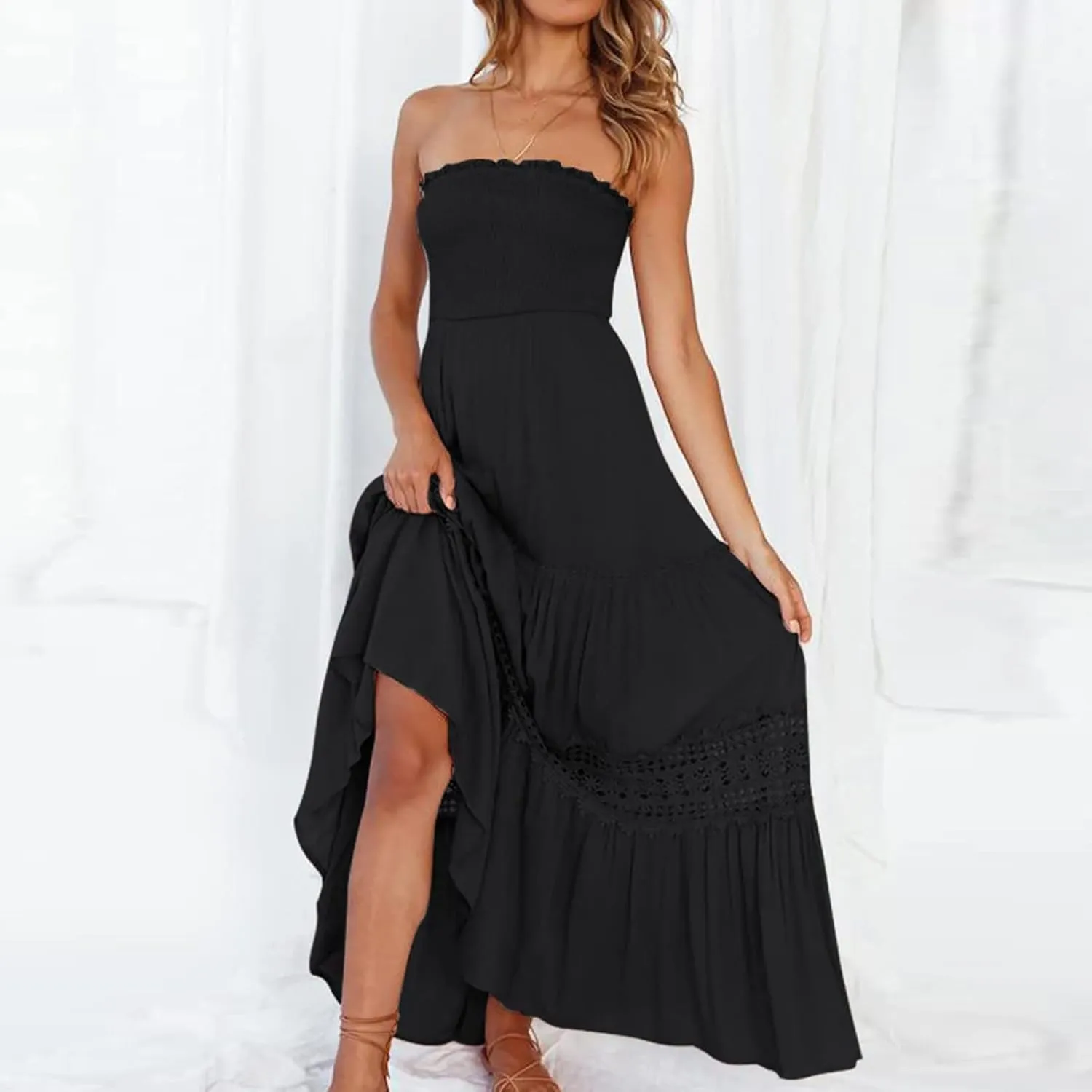 FZYLQY Womens Tube Top Maxi Dress Summer Boho Strapless Casual Flowy Beach Long Sundresses Hollow Ruffle Sexy Smocked Dresses