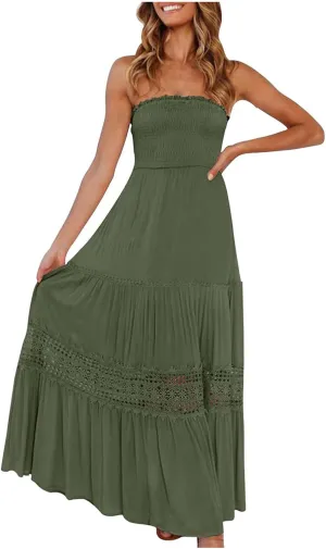 FZYLQY Womens Tube Top Maxi Dress Summer Boho Strapless Casual Flowy Beach Long Sundresses Hollow Ruffle Sexy Smocked Dresses