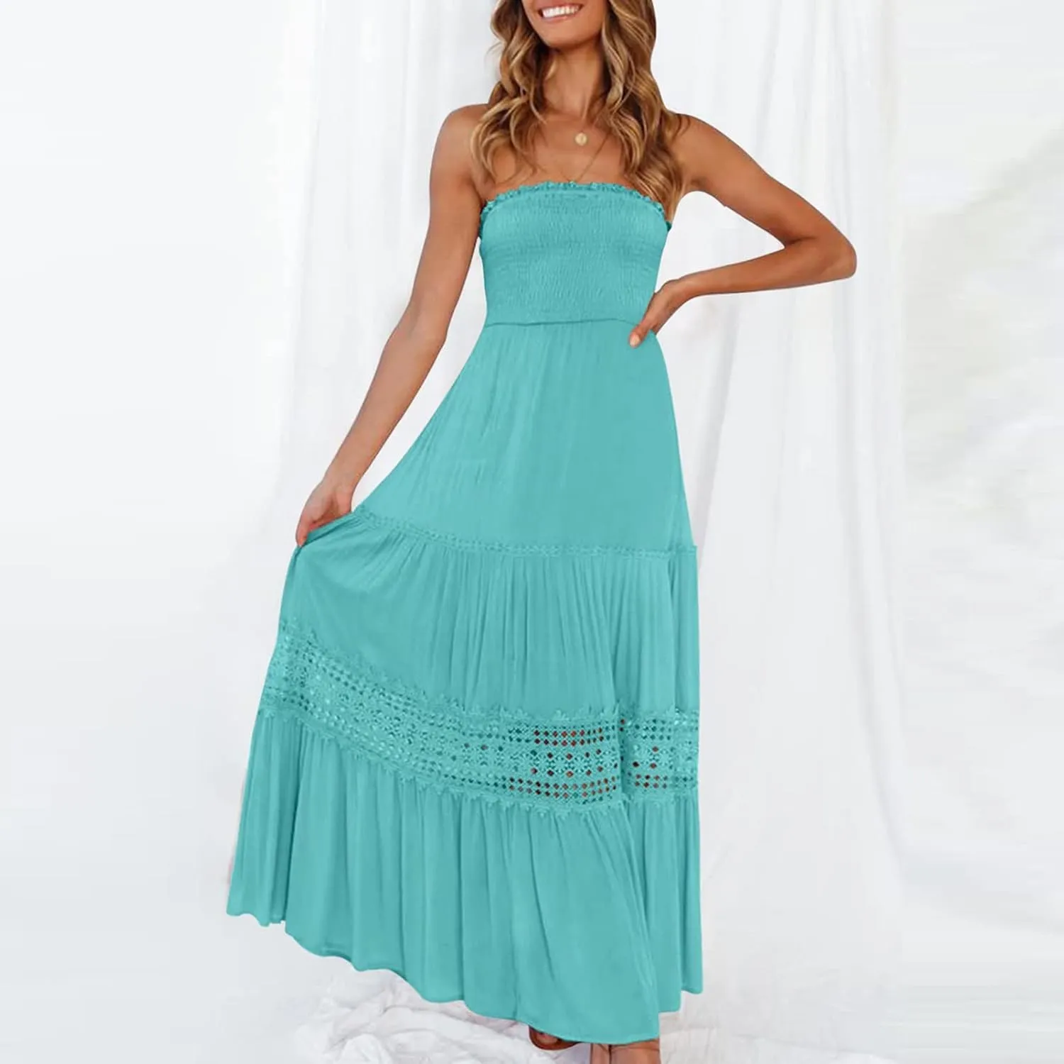 FZYLQY Womens Tube Top Maxi Dress Summer Boho Strapless Casual Flowy Beach Long Sundresses Hollow Ruffle Sexy Smocked Dresses