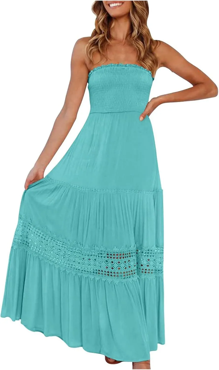 FZYLQY Womens Tube Top Maxi Dress Summer Boho Strapless Casual Flowy Beach Long Sundresses Hollow Ruffle Sexy Smocked Dresses