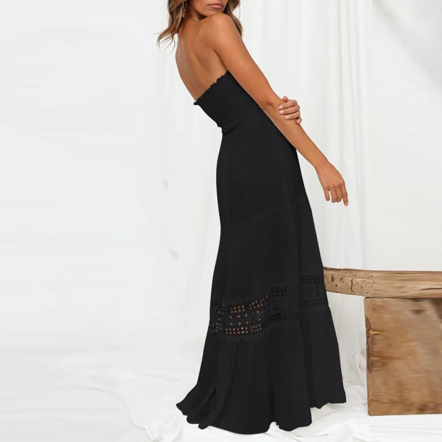 FZYLQY Womens Tube Top Maxi Dress Summer Boho Strapless Casual Flowy Beach Long Sundresses Hollow Ruffle Sexy Smocked Dresses
