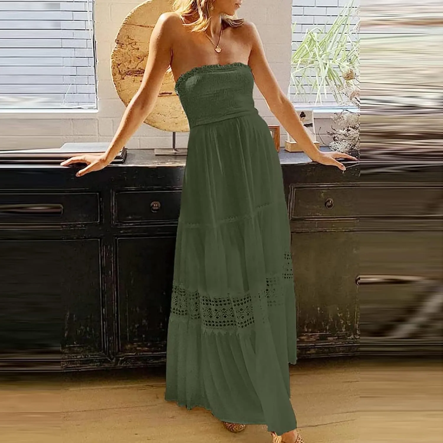 FZYLQY Womens Tube Top Maxi Dress Summer Boho Strapless Casual Flowy Beach Long Sundresses Hollow Ruffle Sexy Smocked Dresses