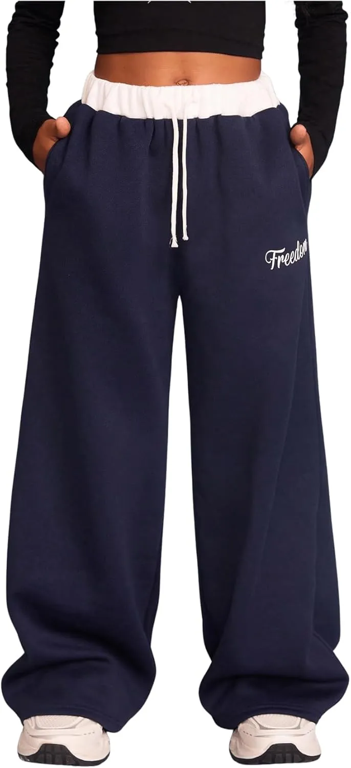 Girl's Baggy Sweatpants Letter Print Drawstring Waist Wide Leg Pants Joggers Track Pants Trendy