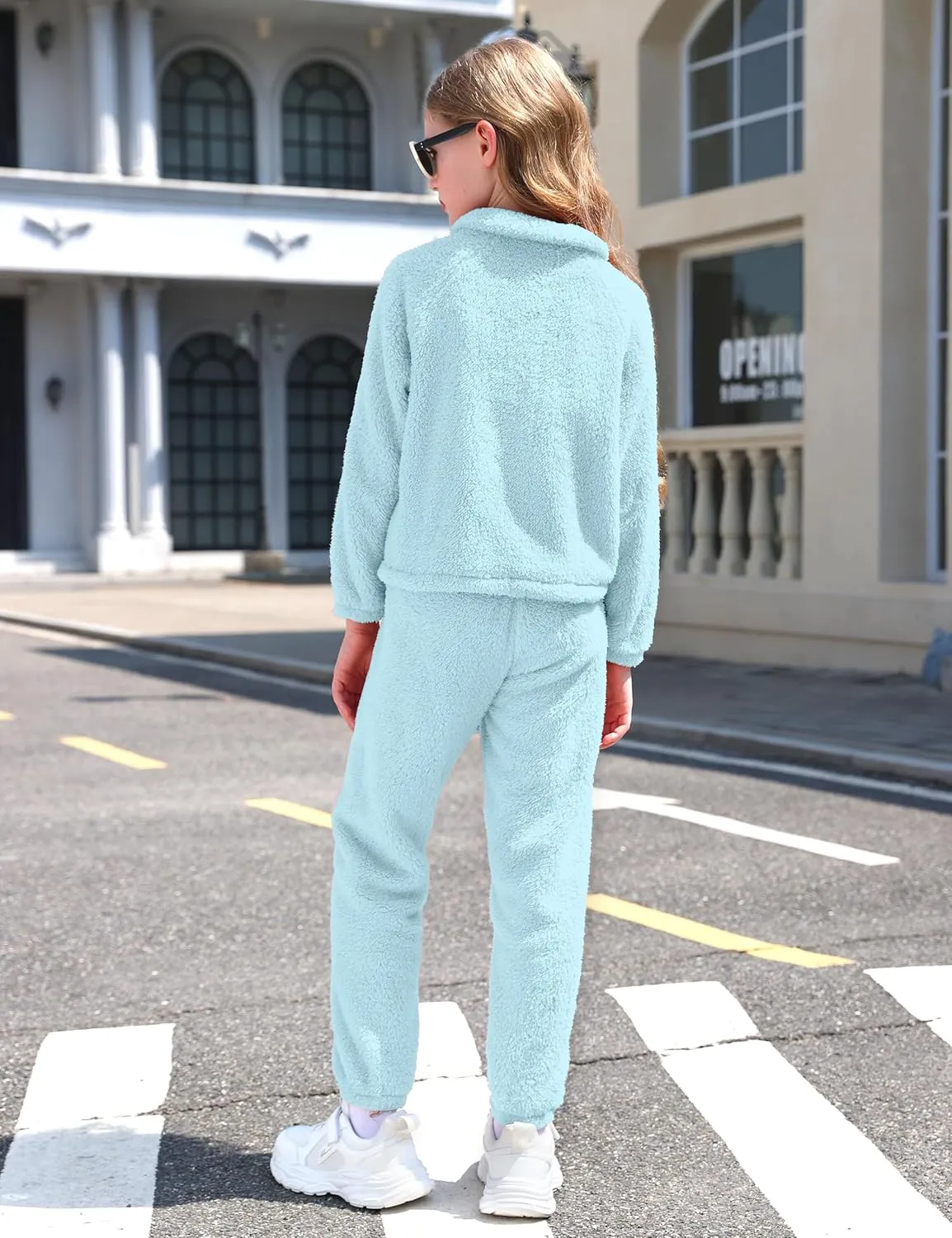 Girls Clothes Winter Fleece Quarter-zip Solid Color Sweatshirt With Sweatpants Girls Clothing Set Two Piece Outfits