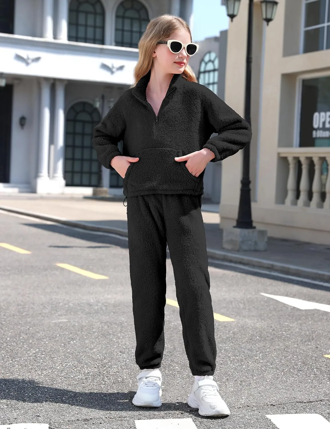 Girls Clothes Winter Fleece Quarter-zip Solid Color Sweatshirt With Sweatpants Girls Clothing Set Two Piece Outfits