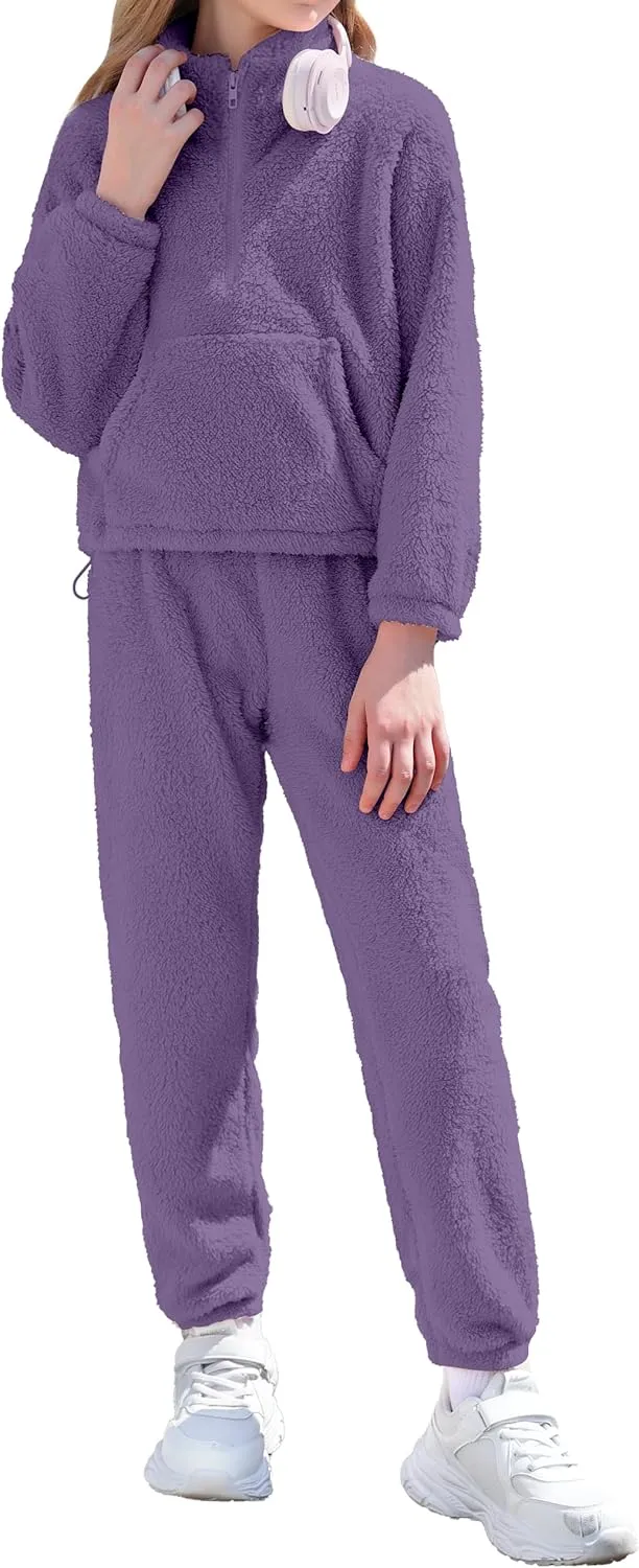 Girls Clothes Winter Fleece Quarter-zip Solid Color Sweatshirt With Sweatpants Girls Clothing Set Two Piece Outfits