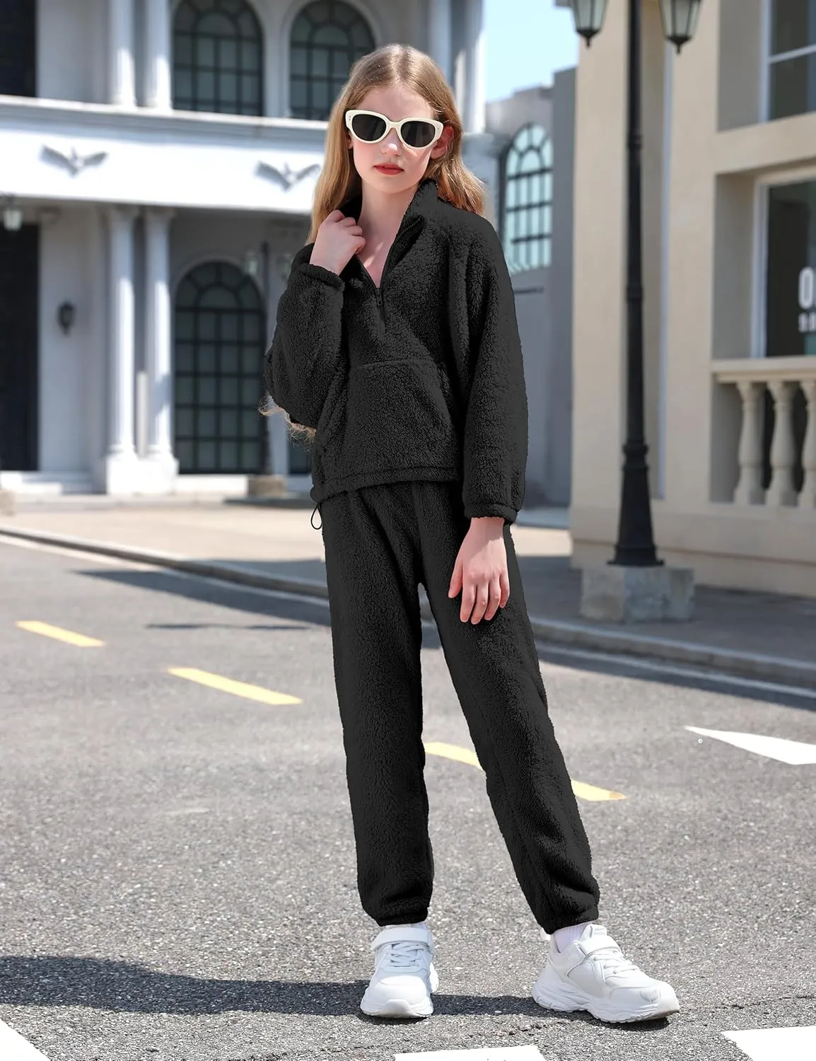 Girls Clothes Winter Fleece Quarter-zip Solid Color Sweatshirt With Sweatpants Girls Clothing Set Two Piece Outfits