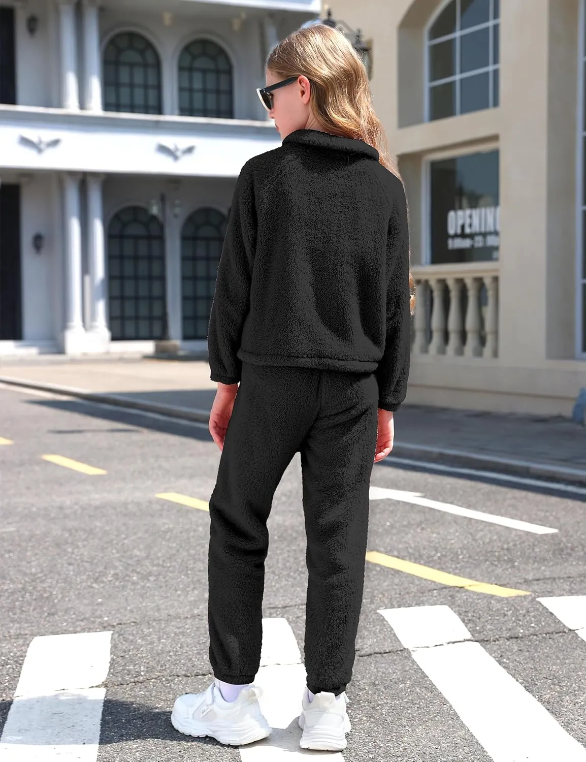 Girls Clothes Winter Fleece Quarter-zip Solid Color Sweatshirt With Sweatpants Girls Clothing Set Two Piece Outfits