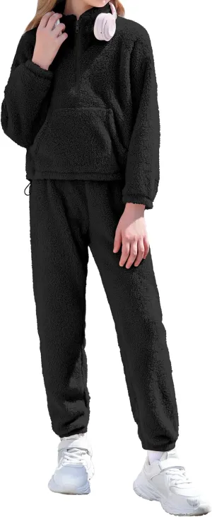 Girls Clothes Winter Fleece Quarter-zip Solid Color Sweatshirt With Sweatpants Girls Clothing Set Two Piece Outfits