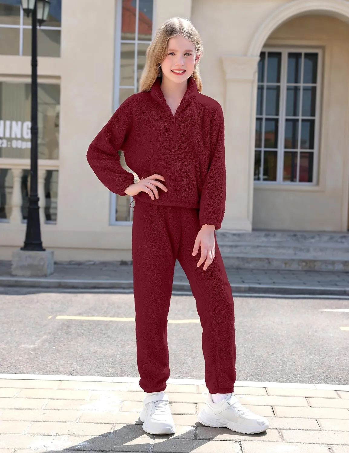 Girls Clothes Winter Fleece Quarter-zip Solid Color Sweatshirt With Sweatpants Girls Clothing Set Two Piece Outfits