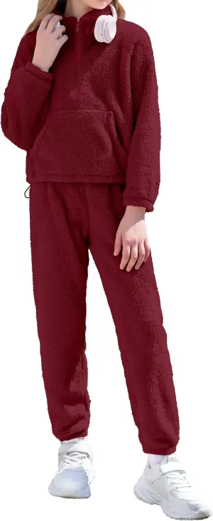 Girls Clothes Winter Fleece Quarter-zip Solid Color Sweatshirt With Sweatpants Girls Clothing Set Two Piece Outfits
