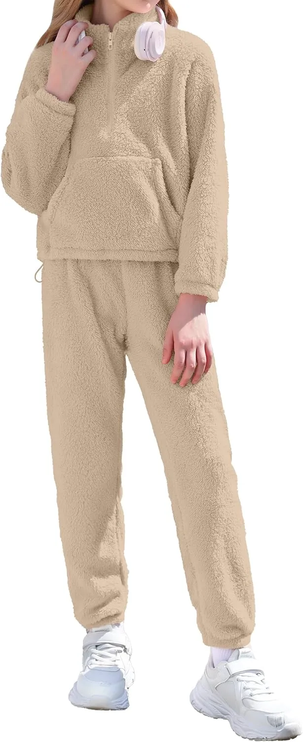 Girls Clothes Winter Fleece Quarter-zip Solid Color Sweatshirt With Sweatpants Girls Clothing Set Two Piece Outfits