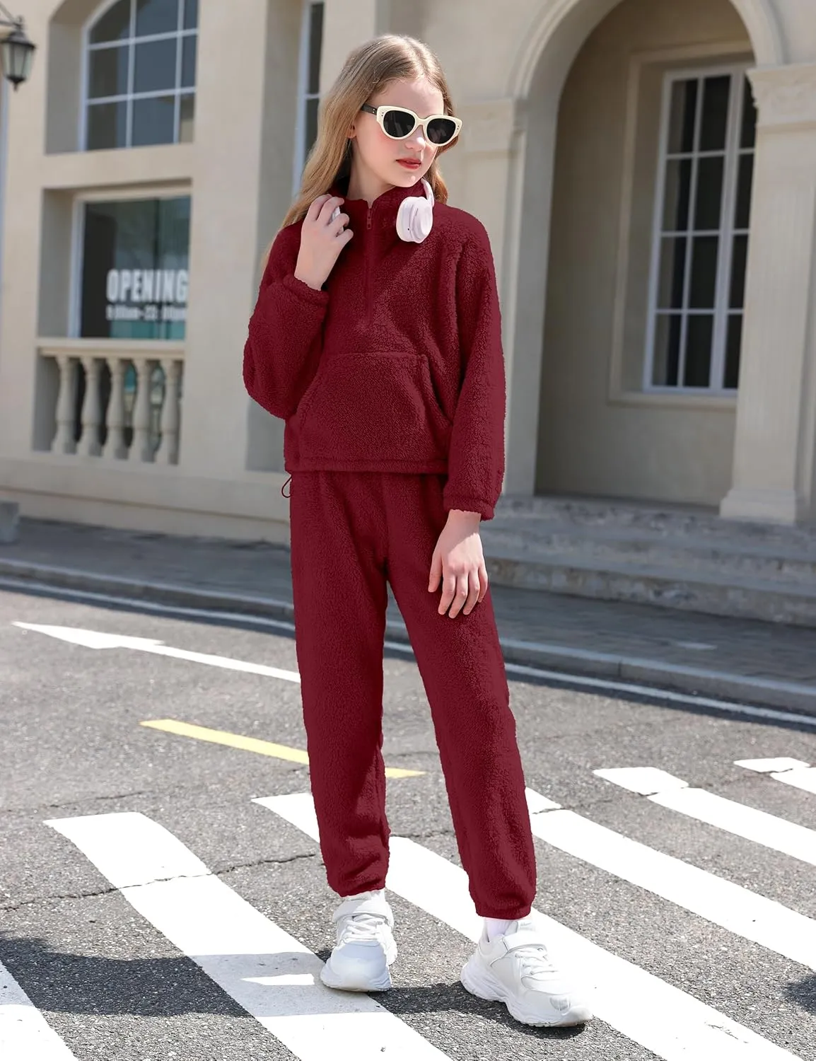 Girls Clothes Winter Fleece Quarter-zip Solid Color Sweatshirt With Sweatpants Girls Clothing Set Two Piece Outfits