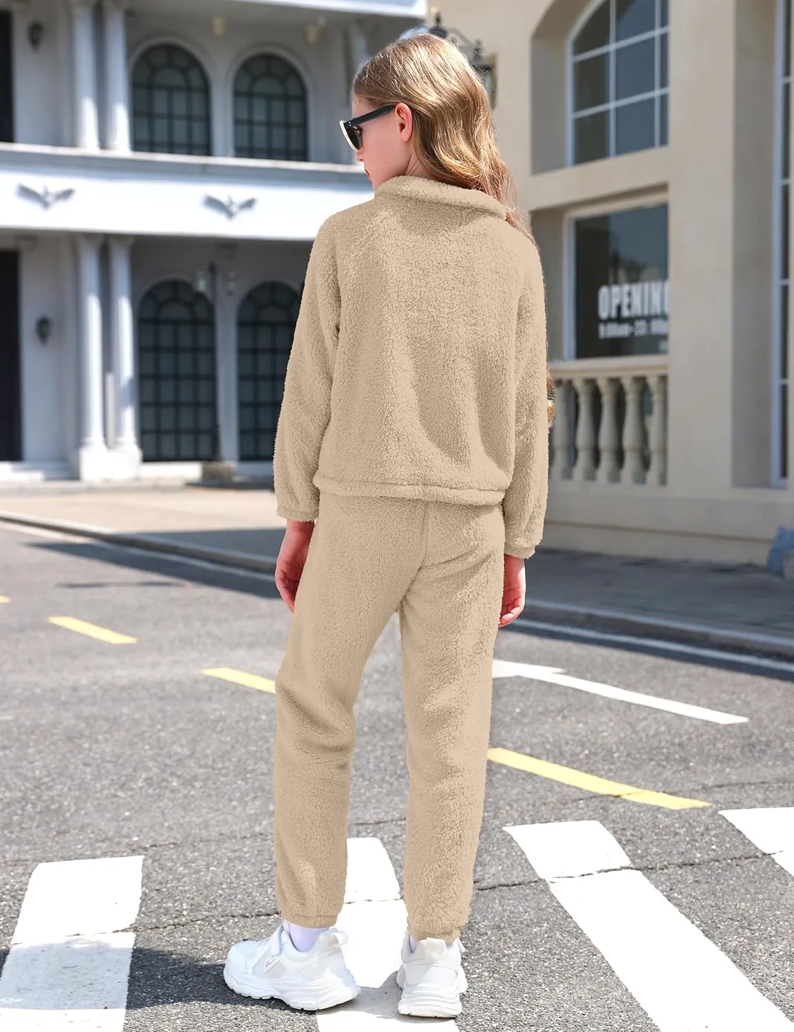 Girls Clothes Winter Fleece Quarter-zip Solid Color Sweatshirt With Sweatpants Girls Clothing Set Two Piece Outfits