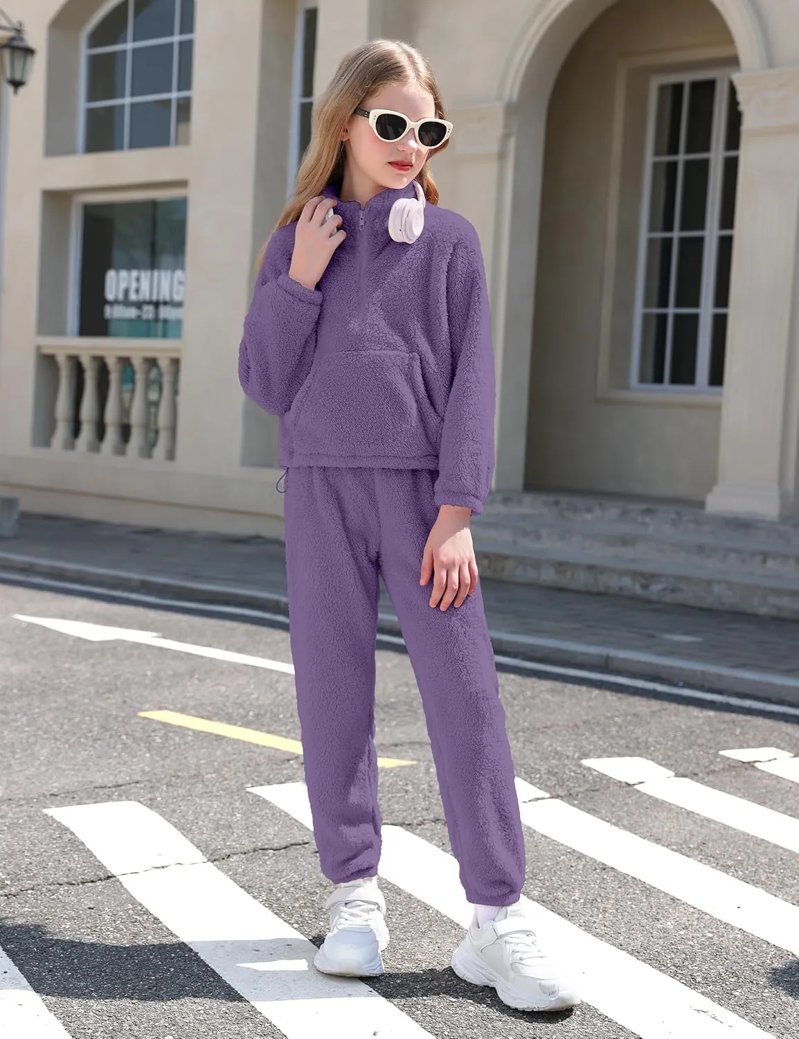 Girls Clothes Winter Fleece Quarter-zip Solid Color Sweatshirt With Sweatpants Girls Clothing Set Two Piece Outfits