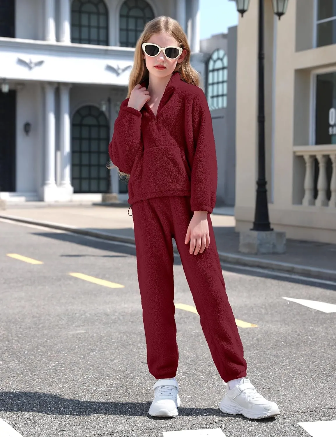 Girls Clothes Winter Fleece Quarter-zip Solid Color Sweatshirt With Sweatpants Girls Clothing Set Two Piece Outfits