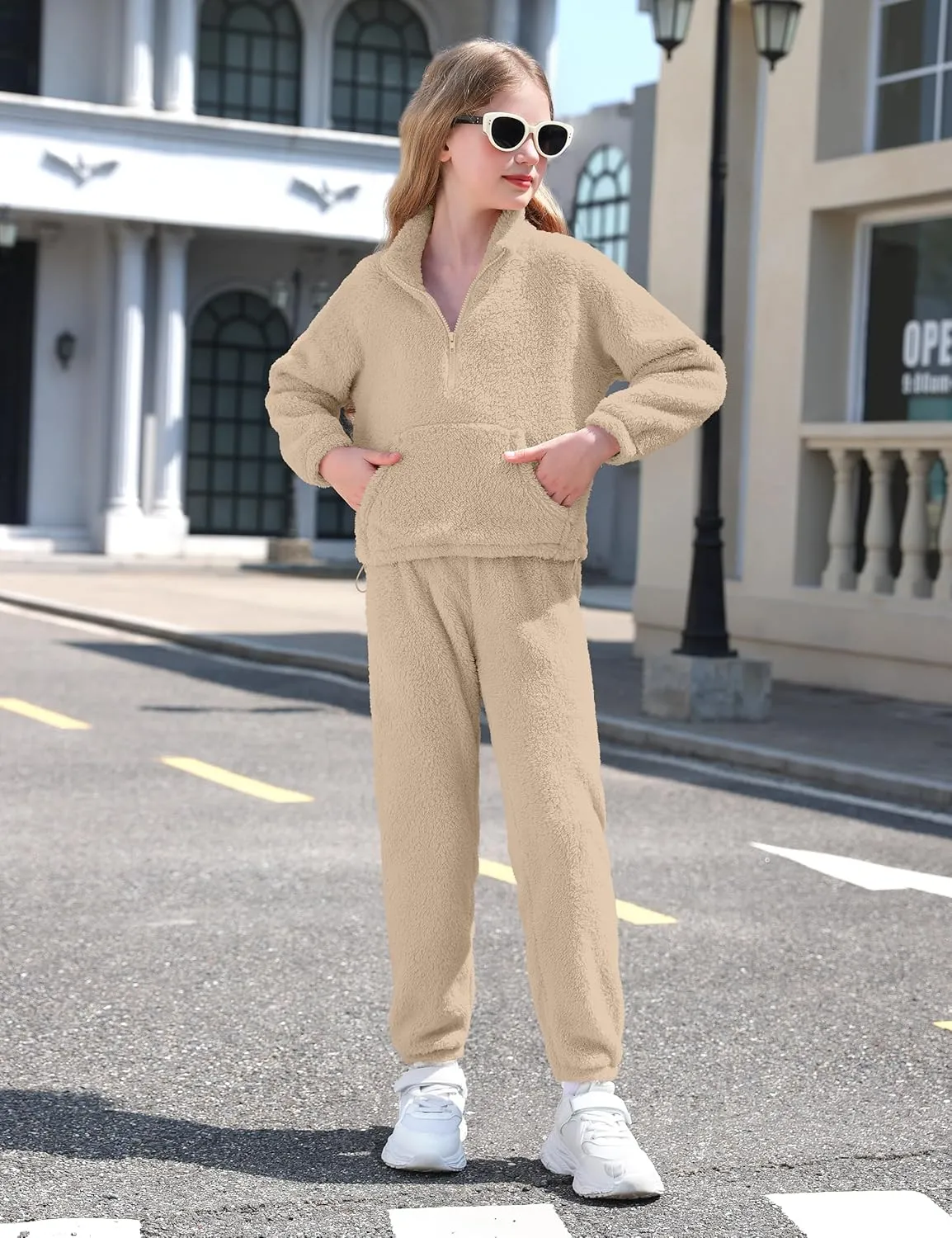 Girls Clothes Winter Fleece Quarter-zip Solid Color Sweatshirt With Sweatpants Girls Clothing Set Two Piece Outfits