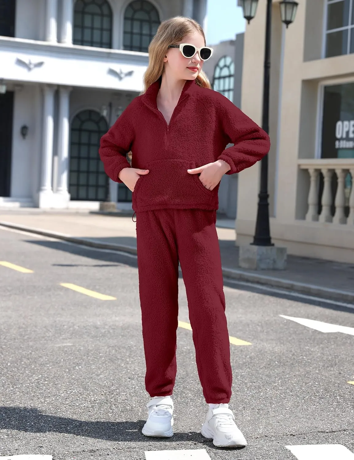 Girls Clothes Winter Fleece Quarter-zip Solid Color Sweatshirt With Sweatpants Girls Clothing Set Two Piece Outfits