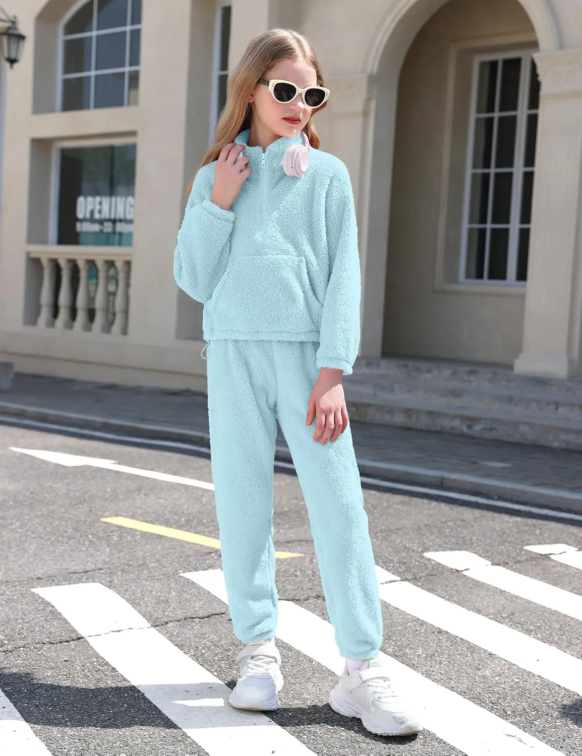 Girls Clothes Winter Fleece Quarter-zip Solid Color Sweatshirt With Sweatpants Girls Clothing Set Two Piece Outfits