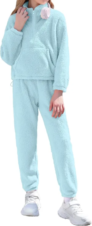 Girls Clothes Winter Fleece Quarter-zip Solid Color Sweatshirt With Sweatpants Girls Clothing Set Two Piece Outfits