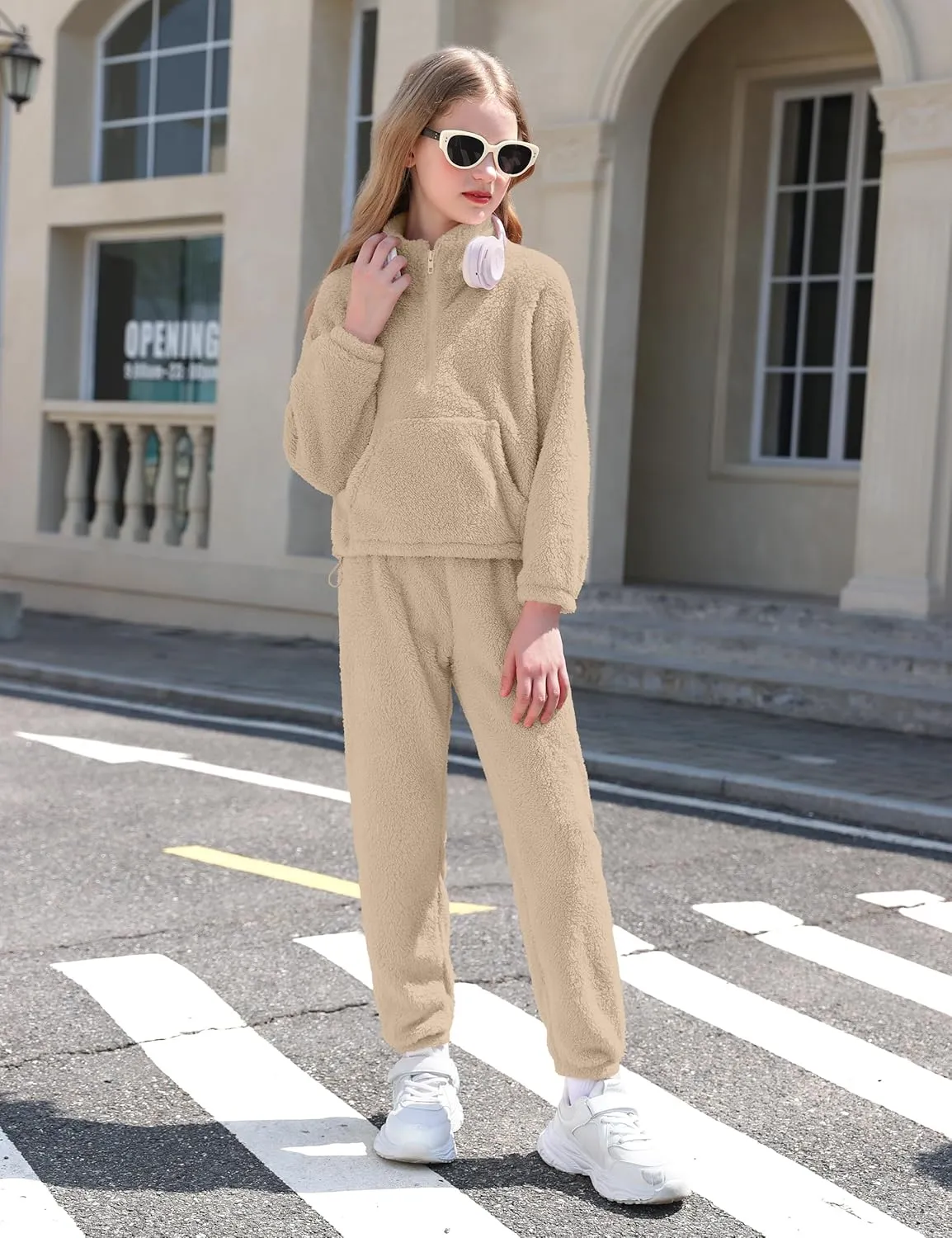 Girls Clothes Winter Fleece Quarter-zip Solid Color Sweatshirt With Sweatpants Girls Clothing Set Two Piece Outfits