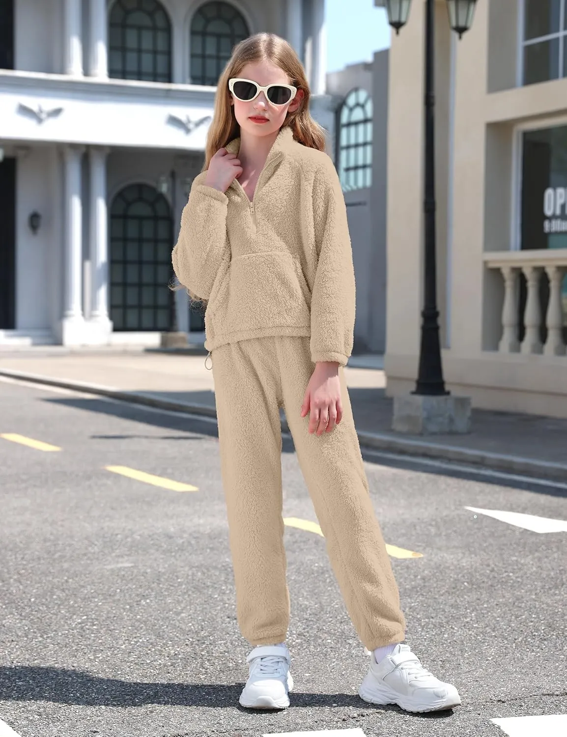 Girls Clothes Winter Fleece Quarter-zip Solid Color Sweatshirt With Sweatpants Girls Clothing Set Two Piece Outfits