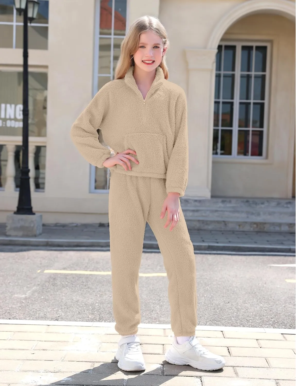 Girls Clothes Winter Fleece Quarter-zip Solid Color Sweatshirt With Sweatpants Girls Clothing Set Two Piece Outfits