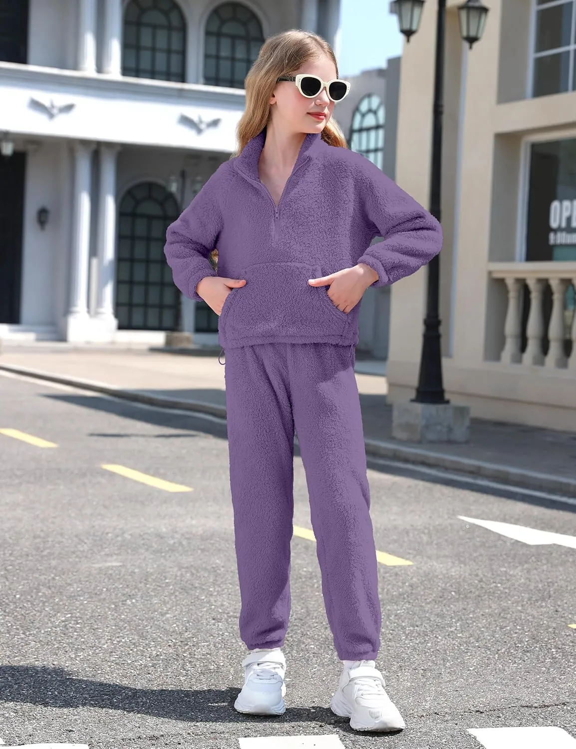 Girls Clothes Winter Fleece Quarter-zip Solid Color Sweatshirt With Sweatpants Girls Clothing Set Two Piece Outfits