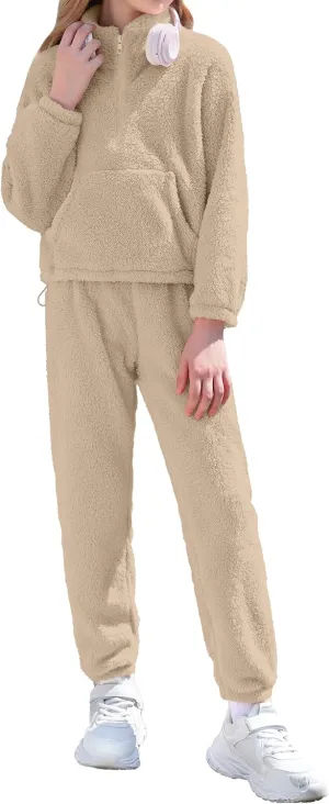 Girls Clothes Winter Fleece Quarter-zip Solid Color Sweatshirt With Sweatpants Girls Clothing Set Two Piece Outfits