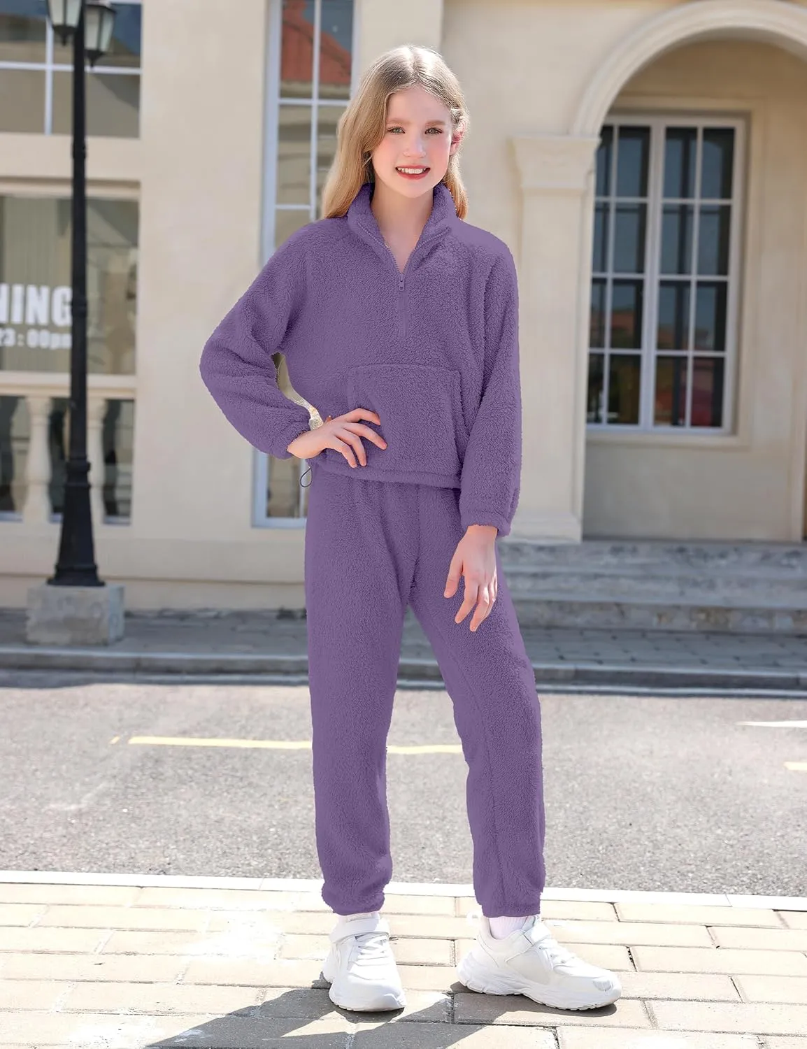 Girls Clothes Winter Fleece Quarter-zip Solid Color Sweatshirt With Sweatpants Girls Clothing Set Two Piece Outfits
