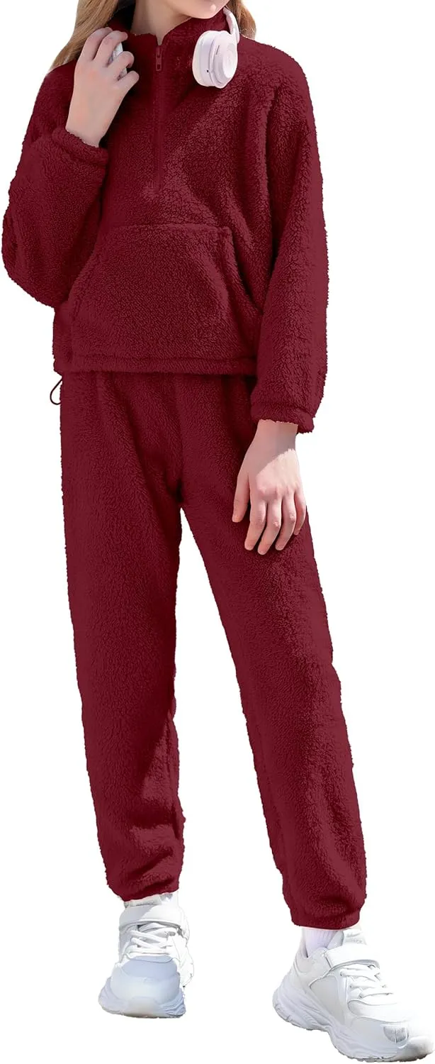 Girls Clothes Winter Fleece Quarter-zip Solid Color Sweatshirt With Sweatpants Girls Clothing Set Two Piece Outfits