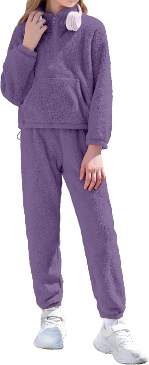 Girls Clothes Winter Fleece Quarter-zip Solid Color Sweatshirt With Sweatpants Girls Clothing Set Two Piece Outfits