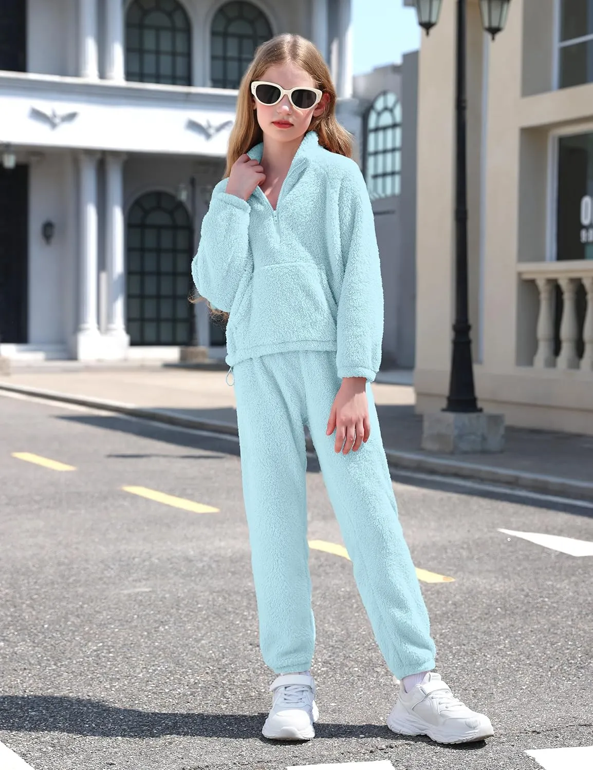 Girls Clothes Winter Fleece Quarter-zip Solid Color Sweatshirt With Sweatpants Girls Clothing Set Two Piece Outfits
