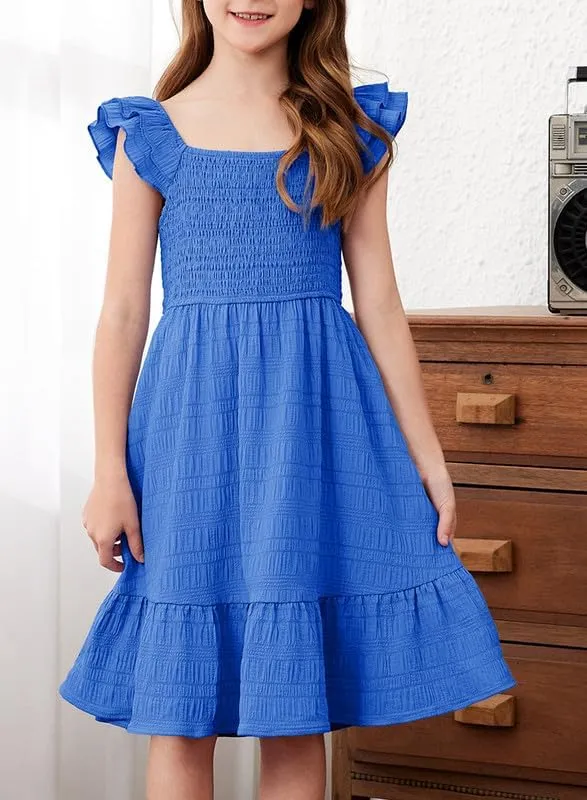 Girls Summer Dresses Cute Double Layer Ruffle Sleeve Smocked Flowy Dress 6-15 Years