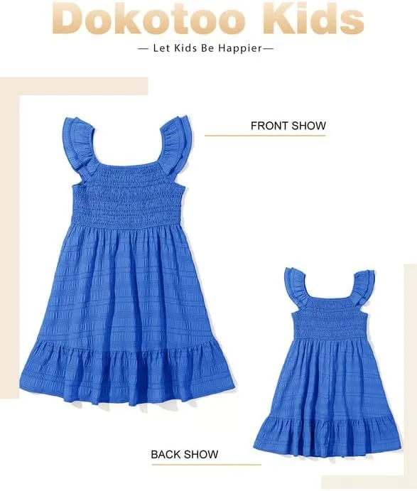 Girls Summer Dresses Cute Double Layer Ruffle Sleeve Smocked Flowy Dress 6-15 Years
