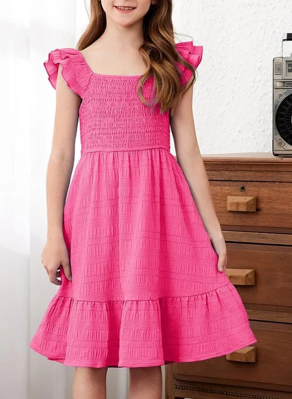 Girls Summer Dresses Cute Double Layer Ruffle Sleeve Smocked Flowy Dress 6-15 Years