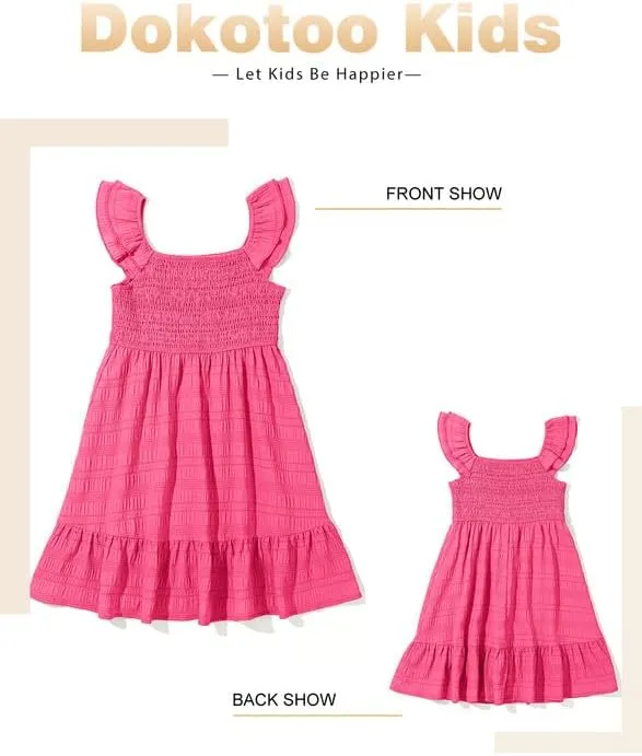 Girls Summer Dresses Cute Double Layer Ruffle Sleeve Smocked Flowy Dress 6-15 Years