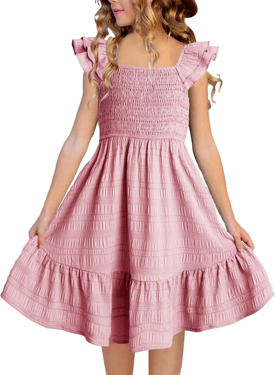 Girls Summer Dresses Cute Double Layer Ruffle Sleeve Smocked Flowy Dress 6-15 Years